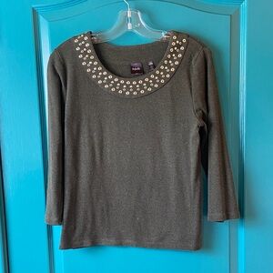 Rafaela Green Heather Top / Embellished gold studded Neckline Size PS